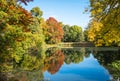 Natural autumn landscape with reflection of the trees in the lake. Rivierenhof park in Belgium. Royalty Free Stock Photo