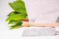 Natural background with bamboo toothbrush, green leaves and white textured stone. Still life wallpaper. Space for text. Zero waste