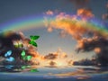 Natural background with colorful butterflies flying with rainbow in sea reflection hith