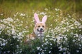 Natural background with cute Corgi dog puppy sitting on a summer Sunny meadow surrounded by white daisies flowers in pink rabbit Royalty Free Stock Photo
