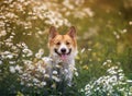 Natural background with cute Corgi dog puppy sitting on a summer Sunny meadow surrounded by white Daisy flowers with a smile Royalty Free Stock Photo