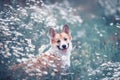 Natural background with cute Corgi dog puppy sitting on a summer Sunny meadow surrounded by white Daisy flowers with a smile Royalty Free Stock Photo