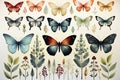 Natural background with different watercolor butterfly, natural pattern.