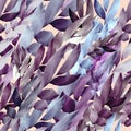 Natural background. Endless interlacing of blue and purple twigs with purple pearl white, beige leaves. Diagonal seamless pattern.