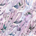 Natural background. Endless interlacing of twigs with purple pearl white, beige leaves. Diagonal seamless pattern.