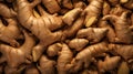 Natural background of fresh and ripe ginger root on market. A delicious quality vegetarian product. Healthy organic eating. Spice