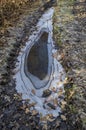 Natural background of frozen puddle on the plateau above Demir Baba Teke, cult monument honored by both Christians and Muslims