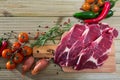 Natural background with raw beef, vegetables Royalty Free Stock Photo