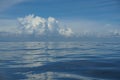 Natural background scene of gradient blue sky horizon and fluffy white cloud above deep blue sea abstract water ripple Royalty Free Stock Photo