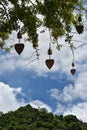 Natural background sky forest and mountain with brass bell - Buddhist temple. Royalty Free Stock Photo