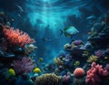 Natural background of tropical sea underwater world with fish on coral reef. Amazing digital illustration. CG Artwork Royalty Free Stock Photo
