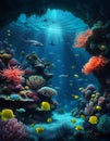 Natural background of tropical sea underwater world with fish on coral reef. Amazing digital illustration. CG Artwork Royalty Free Stock Photo