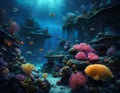 Natural background of tropical sea underwater world with fish on coral reef. Amazing digital illustration. CG Artwork Royalty Free Stock Photo