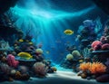 Natural background of tropical sea underwater world with fish on coral reef. Amazing digital illustration. CG Artwork Royalty Free Stock Photo