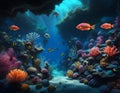 Natural background of tropical sea underwater world with fish on coral reef. Amazing digital illustration. CG Artwork Royalty Free Stock Photo