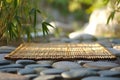 Natural Bamboo mat with green leaves banner. Generate Ai Royalty Free Stock Photo