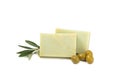 Natural bar of soap with olive oil extract isolated on white background. Royalty Free Stock Photo