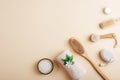 Natural bath accessories and cosmetics. Face and body brushes, sea salt, towel, pumice stone and cream in jar on light Royalty Free Stock Photo