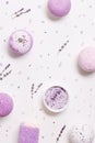 Natural bath bombs and sea salt with lavender essential oil, spa products with dry herbal ingredients. Natural cosmetic Royalty Free Stock Photo