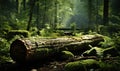 Natural beauty forest background with a huge log overgrown with green moss lying on the ground