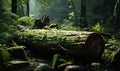 Natural beauty forest background with a huge log overgrown with green moss lying on the ground