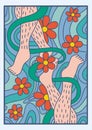 Natural beauty illustration. Feminism, body positivity, leg hair, retro, cartoon style. Legs, flowers, abstract
