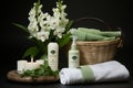 Natural beauty. Organic facial toners against a backdrop of blooming flowers. Product Photography