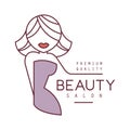 Natural Beauty Salon Hand Drawn Cartoon Outlined Sign Design Template With Blond Female Character Stylized To Underline