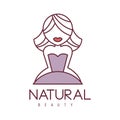 Natural Beauty Salon Hand Drawn Cartoon Outlined Sign Design Template With Blond Girl With Short Hair In Violet Dress