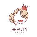 Natural Beauty Salon Hand Drawn Cartoon Outlined Sign Design Template With Portrait Of Princess In Crown