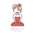 Natural Beauty Salon Hand Drawn Cartoon Outlined Sign Design Template With Princess In Red Dress