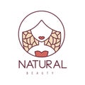 Natural Beauty Salon Hand Drawn Cartoon Outlined Sign Design Template With Stylized Woman On Floral Background In Round