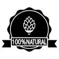 100% natural beer. Circular icon with text and hop.