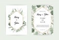 Natural botanical wedding invitation template. Vector floral design card. Geometrical golden frame, border with copy