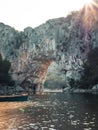 Natural Bridge Pont d`Arc and canoe in Southern France Royalty Free Stock Photo