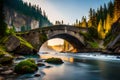 A natural bridge spanning a narrow river gorge, created by the relentless forces of water and time