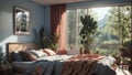 Natural And Bright Bedroom With Plants And Three Pictures Framed Over The Bed. Generative AI