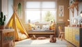 Natural, bright kid's bedroom interior with wooden furniture, designer accessories and posters on a white wall, Generative Ai Royalty Free Stock Photo