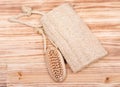 Natural bristle hand and nail wooden brush and loofah sponge Royalty Free Stock Photo