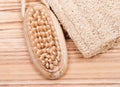 Natural bristle hand and nail wooden brush and loofah sponge Royalty Free Stock Photo