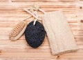 Natural bristle hand and nail wooden brush, volcanic pumice stone and loofah sponge Royalty Free Stock Photo