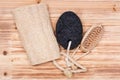 Natural bristle hand and nail wooden brush, volcanic pumice stone and loofah sponge Royalty Free Stock Photo