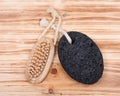 Natural bristle hand and nail wooden brush and volcanic pumice stone Royalty Free Stock Photo
