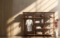 Natural brown bamboo wood wardrobe shelf in sunlight shadow on blank beige fabric texture wallpaper wall for interior design Royalty Free Stock Photo