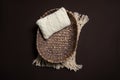 Natural brown and biege newborn background - rattan backet with macrame rug, knitted pillow. DIgital modern newborn background