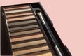Natural brown Nude eyeshadow palette close-up, with tassel isolated on pink pastel background