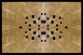 Natural brown wood rectangular table, decorated with black squares in the center