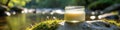Natural candle jar on mossy rock by sunlit river in forest setting Royalty Free Stock Photo