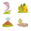 Natural cataclysm icons set. Tsunami wave, tornado swirl, flame meteorite, volcano eruption, sandstorm, deglaciation