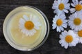 Natural chamomile face cream and fresh daisy flowers on dark rustic wooden background. Homemade beauty product. Royalty Free Stock Photo